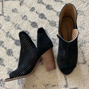 Lucky Brand open-toe booties, size 7.5, perf cond.